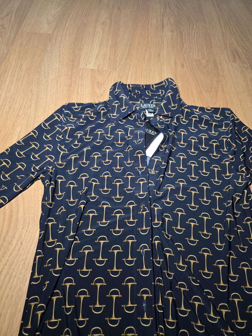 NWT !!! Lauren Ralph Lauren black Button-Down Shirt with Gold Saddle Print